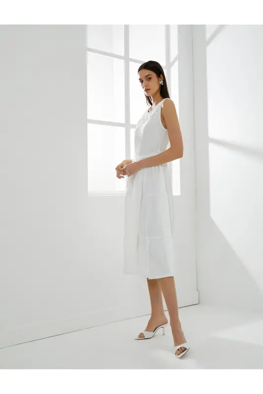 Midi Dress Collar Lace Sleeveless Belted Waist - 2
