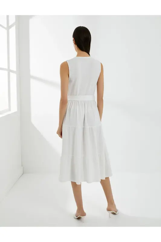 Midi Dress Collar Lace Sleeveless Belted Waist - 4