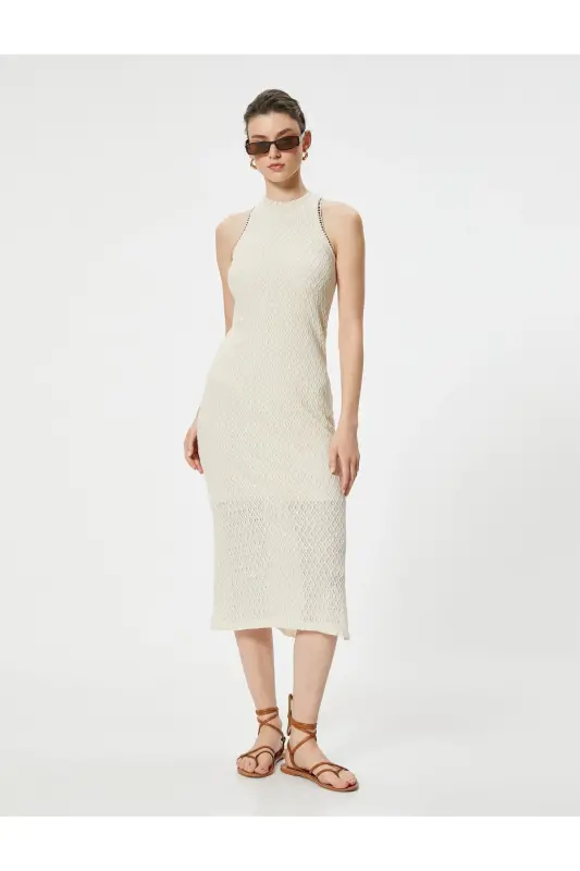 Midi Dress Sleeveless Crew Neck Slit Detailed Knitted - 1