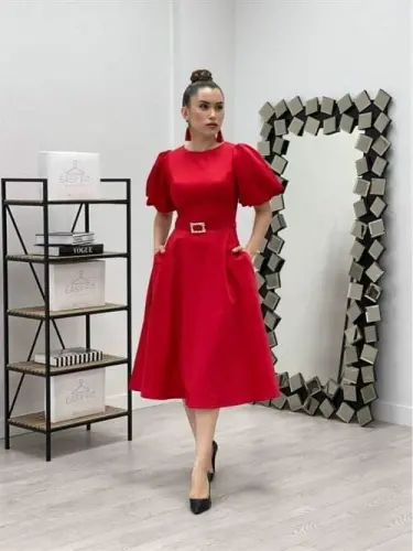 Midi Dress With Belt Detail - RED - 1