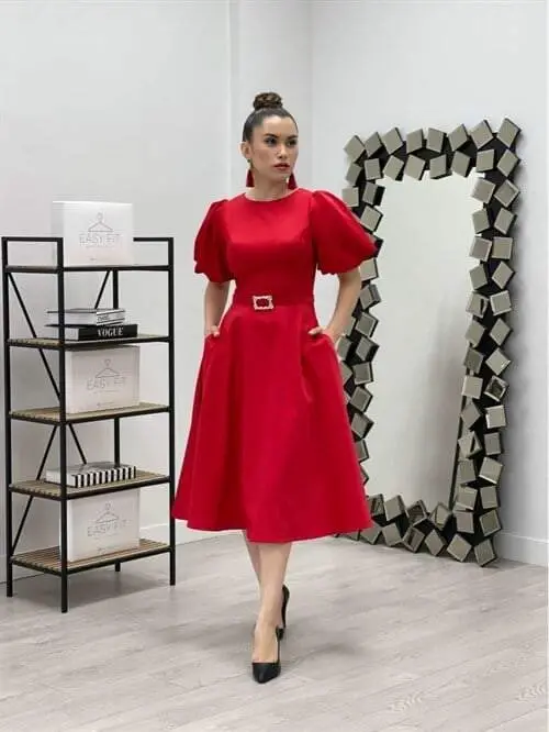 Midi Dress With Belt Detail - RED - 1