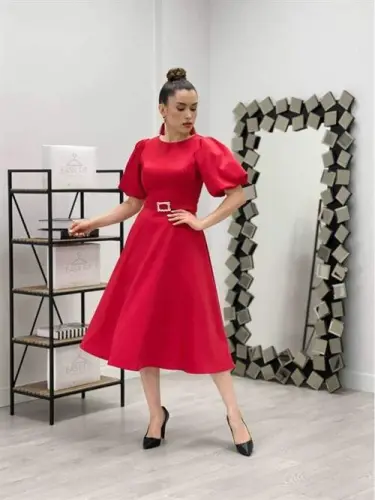 Midi Dress With Belt Detail - RED - BÜYÜKBEDENIZ (1)