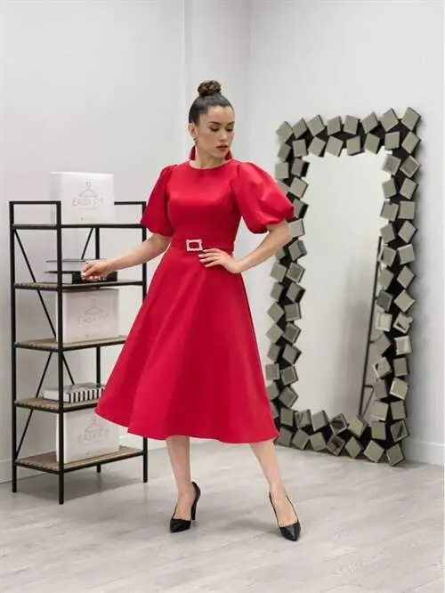 Midi Dress With Belt Detail - RED - 2