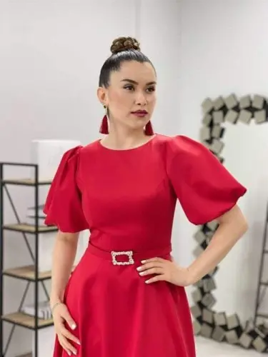 Midi Dress With Belt Detail - RED - 3