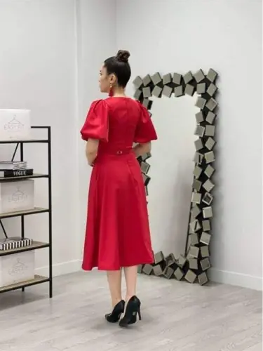 Midi Dress With Belt Detail - RED - 5