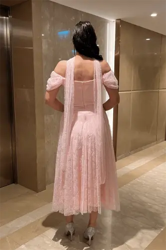Midi Dress with Full Lace Fabric and Shawl Detail - POWDER - 1