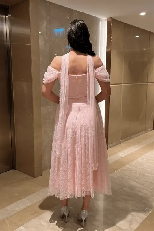 Midi Dress with Full Lace Fabric and Shawl Detail - POWDER - 1