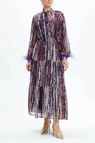 Midi Dress with Neck Tie and Otrish Detail on Sleeve Cuffs 39098 - Modazone