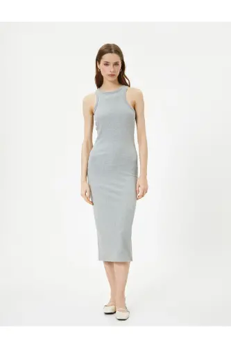Midikleid Neckholder, figurbetont, gerippt - Grau - 3