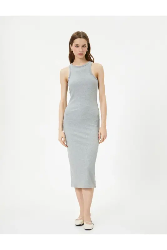 Midikleid Neckholder, figurbetont, gerippt - Grau - 3