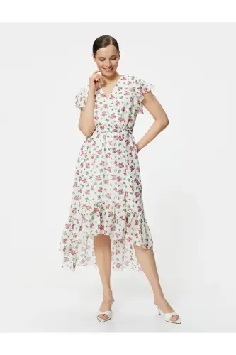 Midi Floral Dress Chiffon Frilly Belted Asymmetric Cut V-Neck - 2