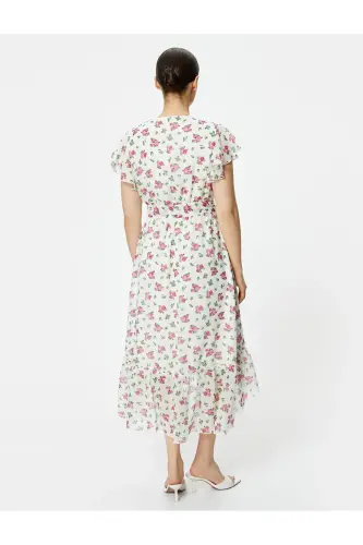 Midi Floral Dress Chiffon Frilly Belted Asymmetric Cut V-Neck - 4