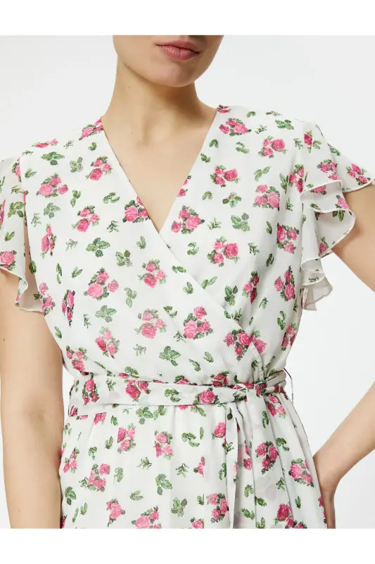 Midi Floral Dress Chiffon Frilly Belted Asymmetric Cut V-Neck - 5