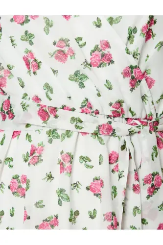 Midi Floral Dress Chiffon Frilly Belted Asymmetric Cut V-Neck - 6