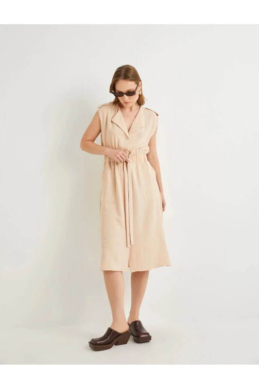 Midi Gömlek Elbise Beli Kuşaklı Düğmeli Cepli Apoletli - Koton