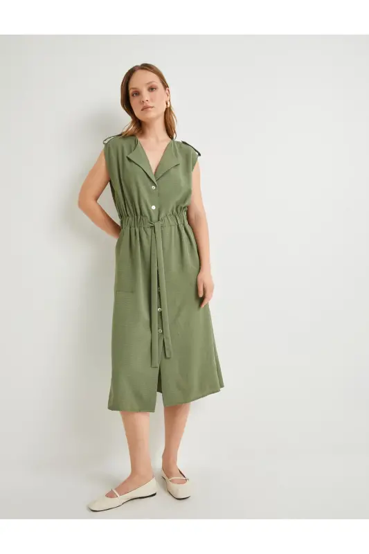 Midi Gömlek Elbise Beli Kuşaklı Düğmeli Cepli Apoletli-Haki - KOTON