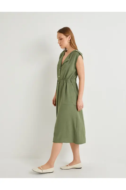 Midi Gömlek Elbise Beli Kuşaklı Düğmeli Cepli Apoletli-Haki - 2