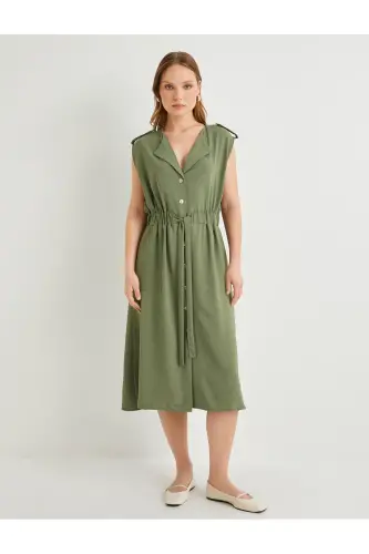 Midi Gömlek Elbise Beli Kuşaklı Düğmeli Cepli Apoletli-Haki - 3