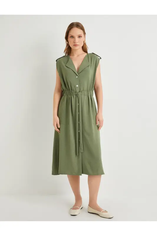 Midi Gömlek Elbise Beli Kuşaklı Düğmeli Cepli Apoletli-Haki - 3