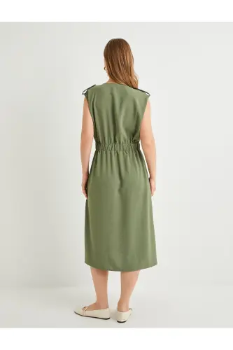 Midi Gömlek Elbise Beli Kuşaklı Düğmeli Cepli Apoletli-Haki - 4