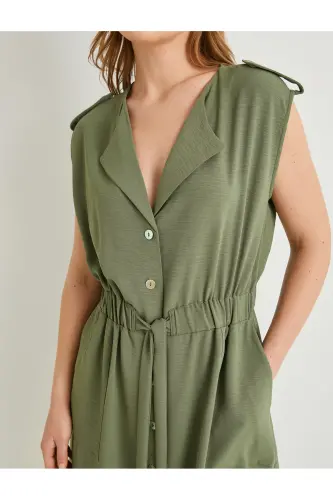 Midi Gömlek Elbise Beli Kuşaklı Düğmeli Cepli Apoletli-Haki - 5