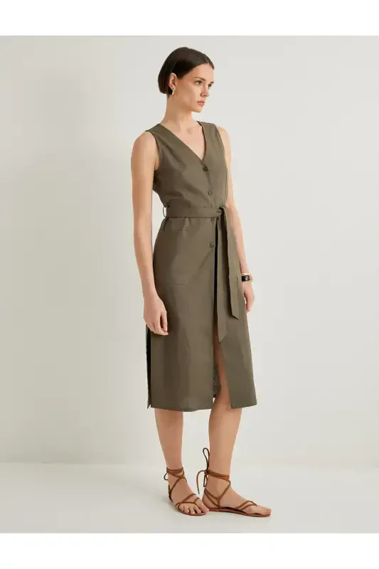 Midi Gömlek Elbise Beli Kuşaklı Düğmeli Keten Karışımlı V Yaka - 2