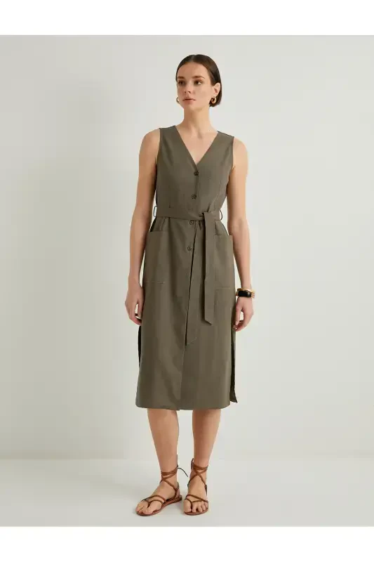 Midi Gömlek Elbise Beli Kuşaklı Düğmeli Keten Karışımlı V Yaka - 3