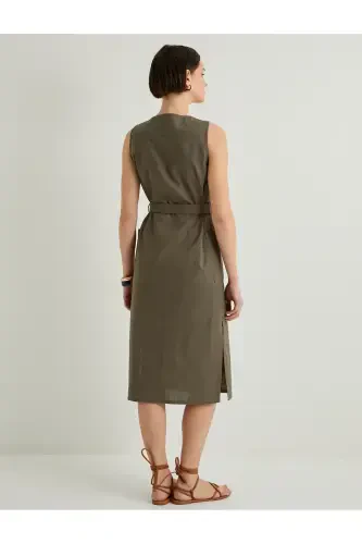 Midi Gömlek Elbise Beli Kuşaklı Düğmeli Keten Karışımlı V Yaka - 4