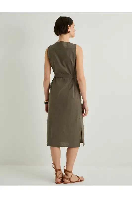 Midi Gömlek Elbise Beli Kuşaklı Düğmeli Keten Karışımlı V Yaka - 4