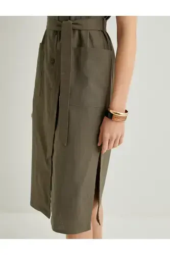 Midi Gömlek Elbise Beli Kuşaklı Düğmeli Keten Karışımlı V Yaka - 5