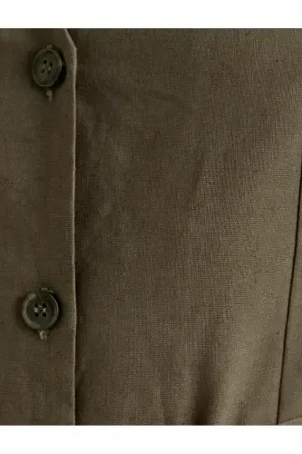 Midi Gömlek Elbise Beli Kuşaklı Düğmeli Keten Karışımlı V Yaka - 6