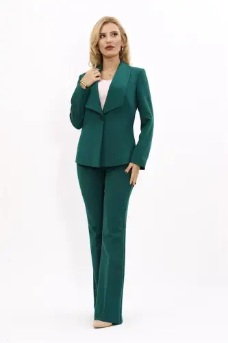 Midi Jacket & Flare Leg Pants Set-Emerald-Green - 1