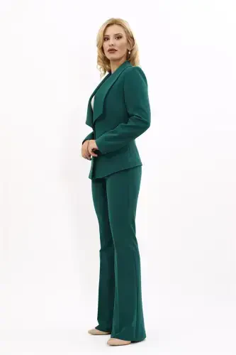 Midi Jacket & Flare Leg Pants Set-Emerald-Green - 3