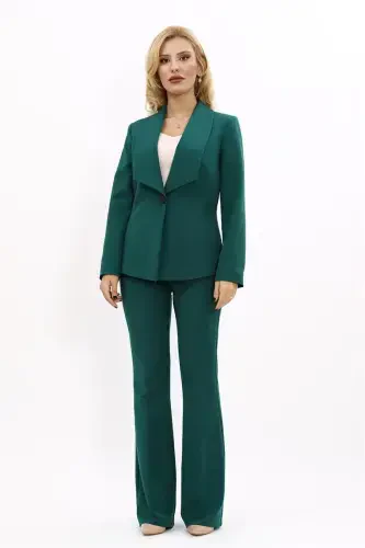 Midi Jacket & Flare Leg Pants Set-Emerald-Green - 4