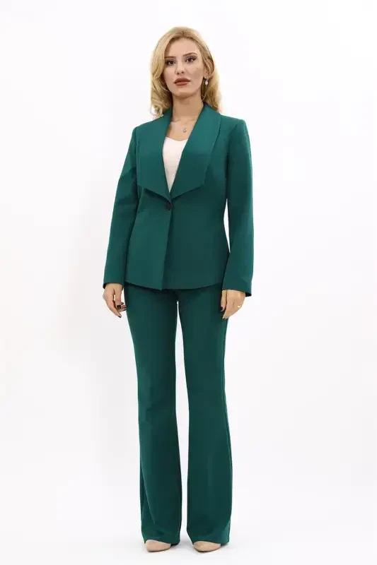 Midi Jacket & Flare Leg Pants Set-Emerald-Green - 4