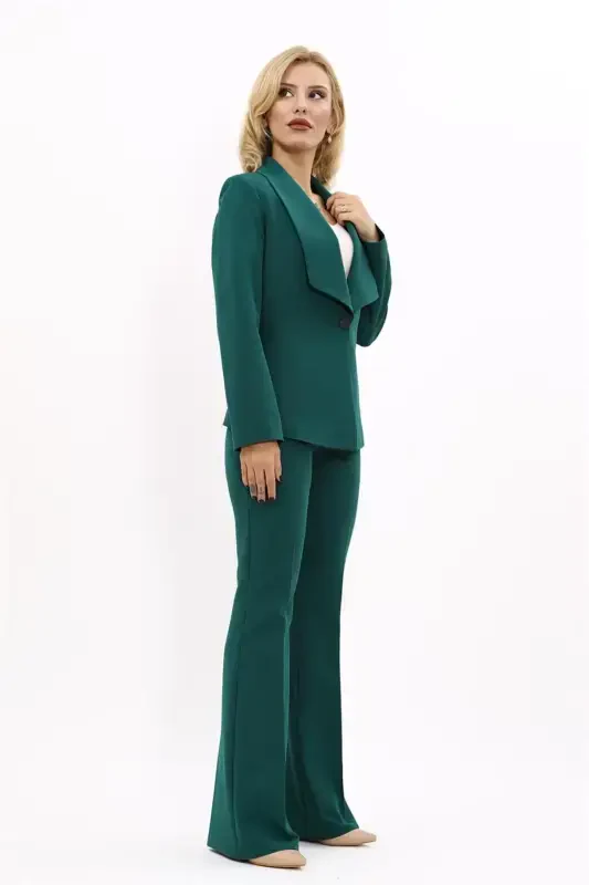 Midi Jacket & Flare Leg Pants Set-Emerald-Green - 5