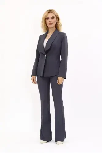 Midi Jacket & Flare Leg Pants Set-Smoked-Smoked - 4