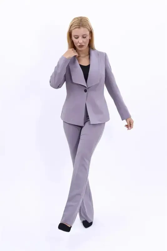 Midi Jacket & Flare Leg Pants Suit-Anthracite-Anthracite - 1