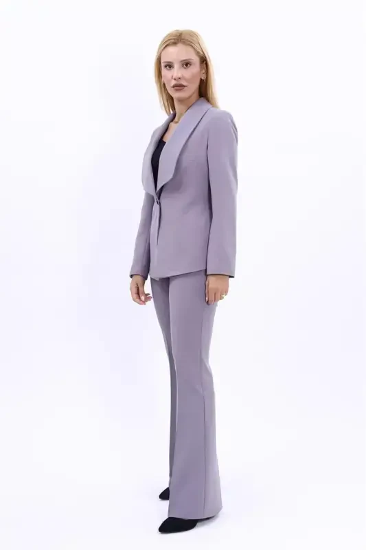 Midi Jacket & Flare Leg Pants Suit-Anthracite-Anthracite - 3