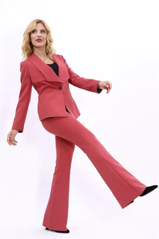 Midi Jacket & Flare Leg Pants Suit-Brick-Brick - 1