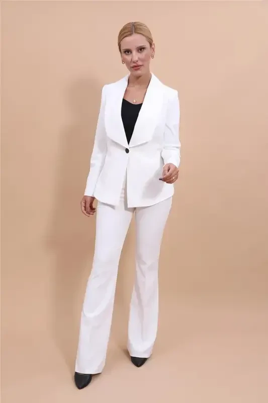 Midi Jacket & Flare Leg Pants Suit-Ecru-Ecru - 1