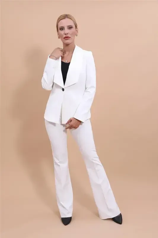 Midi Jacket & Flare Leg Pants Suit-Ecru-Ecru - 3