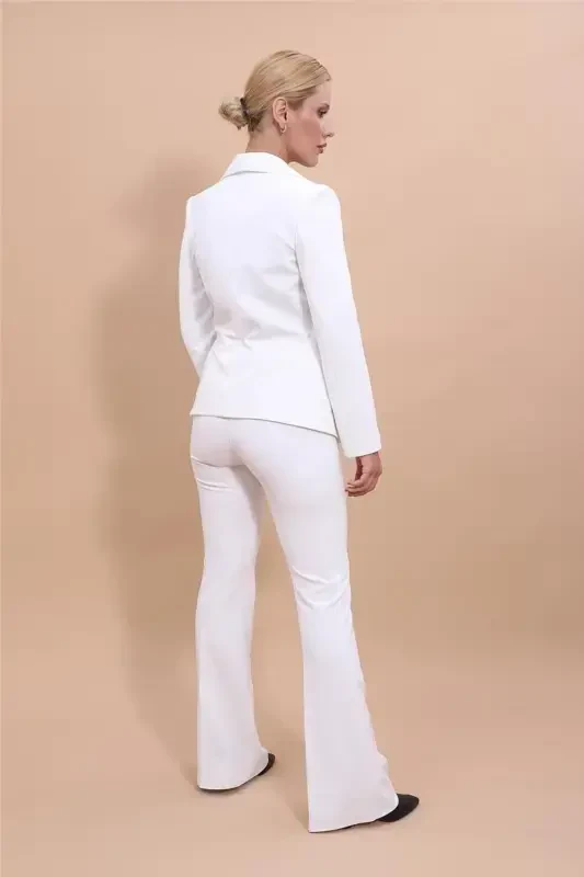 Midi Jacket & Flare Leg Pants Suit-Ecru-Ecru - 4