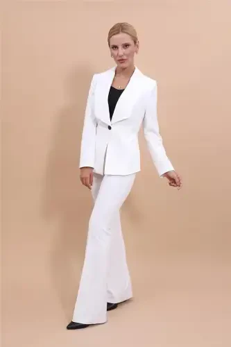 Midi Jacket & Flare Leg Pants Suit-Ecru-Ecru - 5