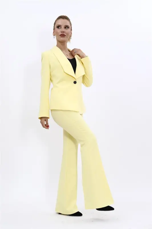 Midi Jacket & Flare Leg Pants Suit-Yellow-Yellow - 1