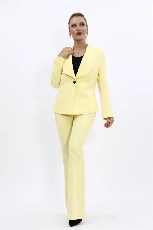 Midi Jacket & Flare Leg Pants Suit-Yellow-Yellow - 2