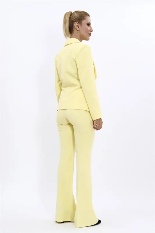 Midi Jacket & Flare Leg Pants Suit-Yellow-Yellow - 3