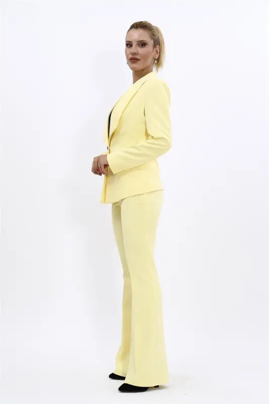 Midi Jacket & Flare Leg Pants Suit-Yellow-Yellow - 4