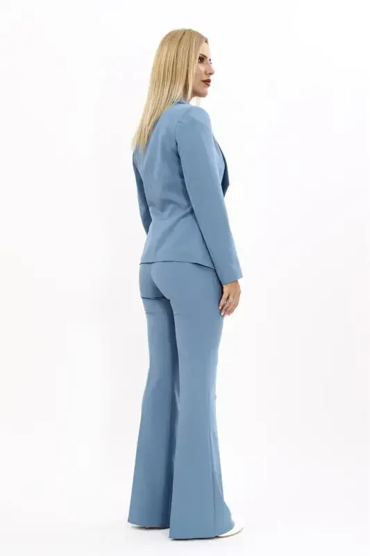 Midi Jacket & Flared Pants Suit-Light Blue-Light Blue - 2