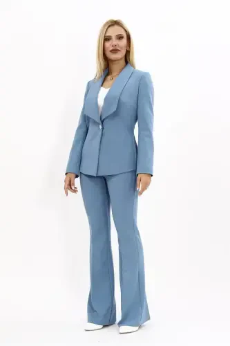 Midi Jacket & Flared Pants Suit-Light Blue-Light Blue - 4